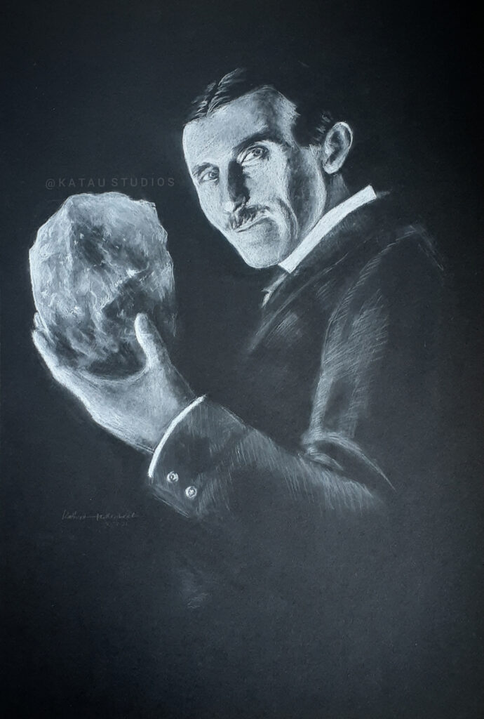 Tesla and the Crystal - Charcoal Drawing Commission by Katau Studios